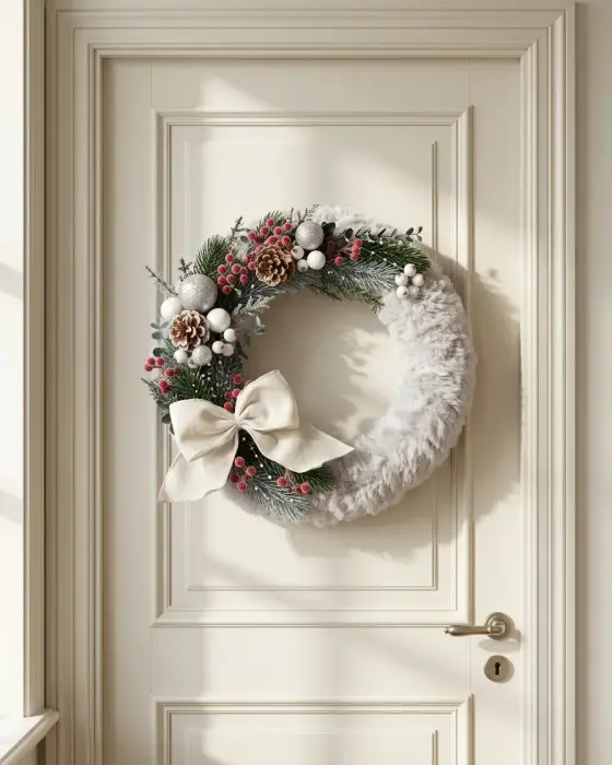 Coroniță albă pufoasă decorată cu brad, conuri, fructe roșii și fundă ivoire